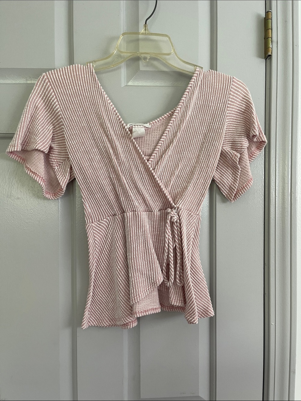 Striped Pink Wrap Blouse with Tie Waist